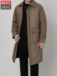 Winter Men Spliced Mid Long White Duck Down Jacket Vintage Business Men Work Overcoat Single Breasted Thick Warm Windproof Coat