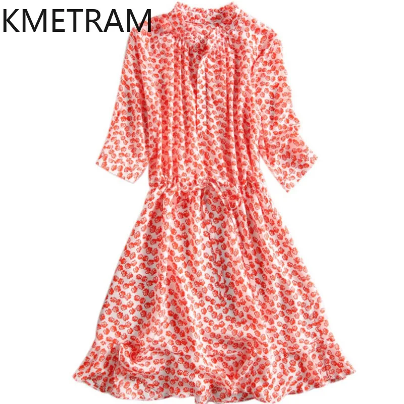 

KMETRAM Mulberry Silk Tea Break Floral Dress Summer New Red Mid-length Dresses for Women V-neck Women's Clothing Robe Femme Été