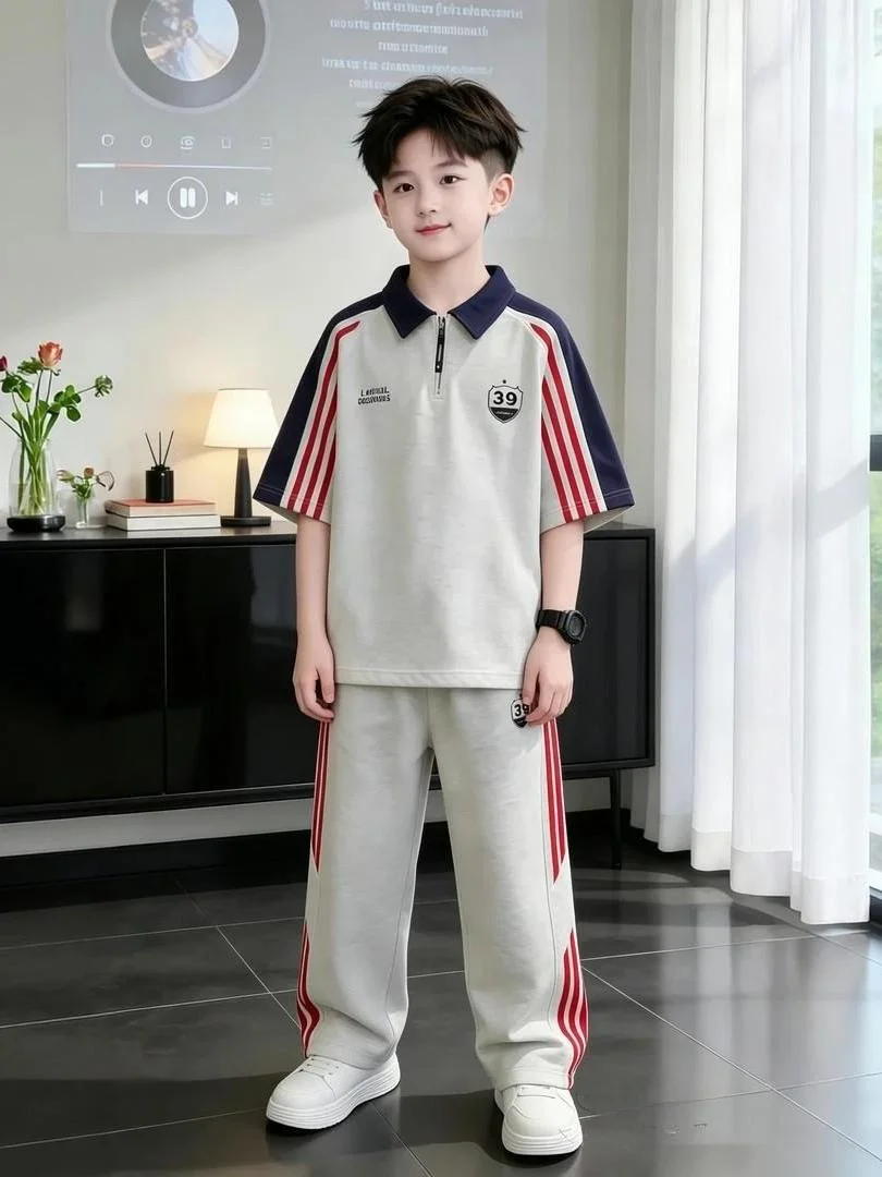 boys-summer-sporty-shirt-short-sleeve-long-pants-set-trendy-street-style-cotton-blend-fabric-school-gift-suitable-age-5-14
