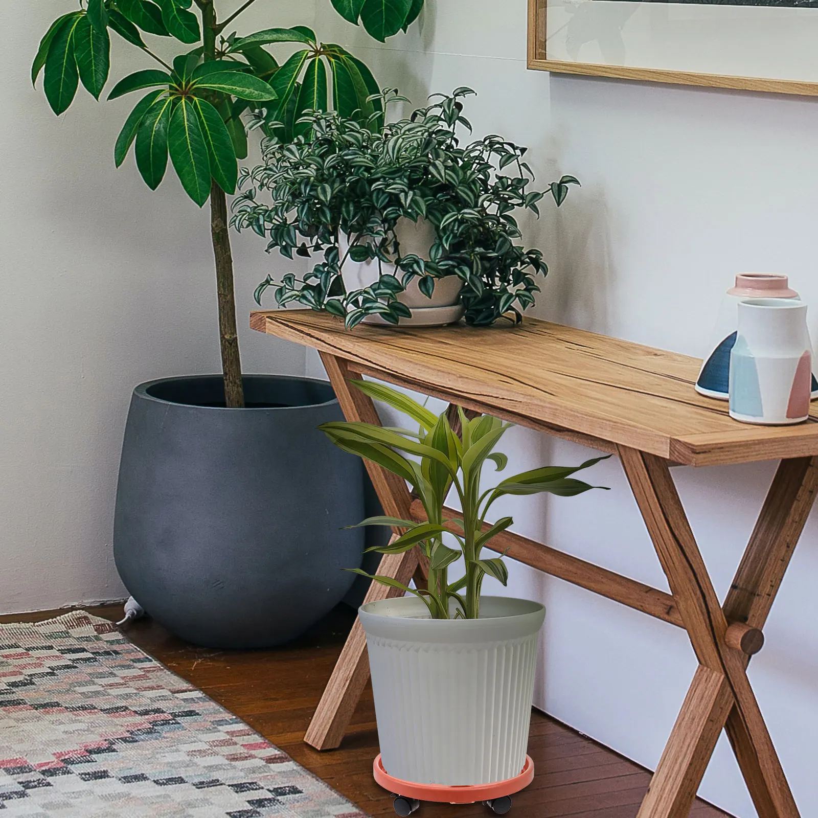 

1pc Thickened Movable Rack With Plastic Vase Rack Wheels Floor Plant Stand Vase Tray Durable Plastic Pot Shelf Easy Clean