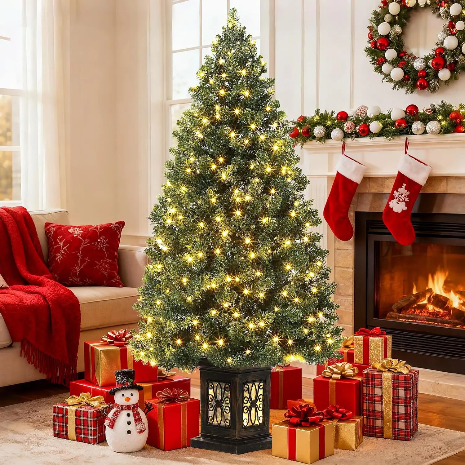 Pre‑Lit Potted Artificial Christmas Tree, 4.5FT Full Green Xmas Tree with 460 Dense Branch Tips, 300 Warm White LED Lights, 8 Lighting Modes, Antique Urn Base, 1PC/2PCS Optional for Home Party Holiday Decor