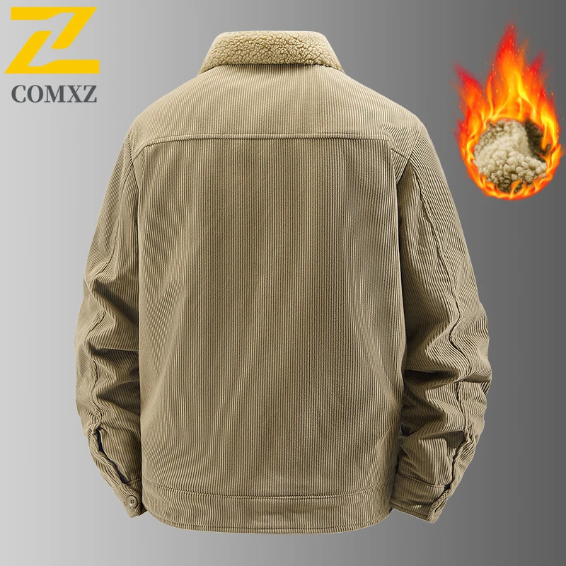 COMXZ Men Corduroy Padding Coat Lapel Outdoor Travel Warm Parkas Single Breasted Business Comfort Lightweight Winter Jackets