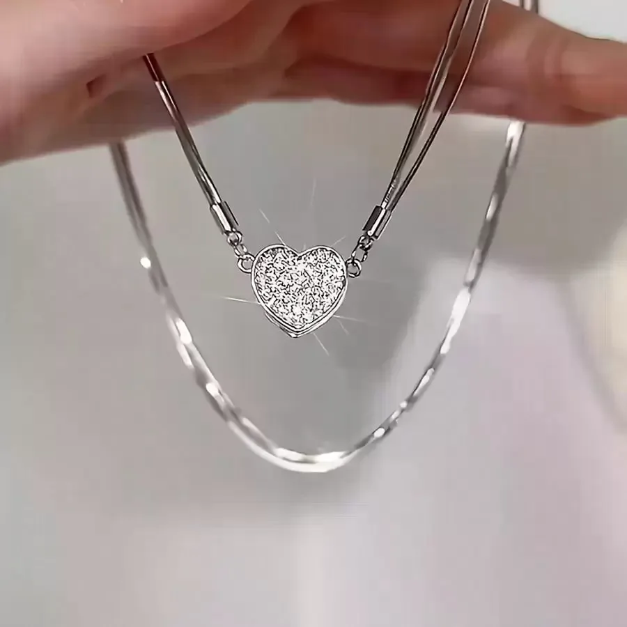 1pc Elegant Heart Shaped Magnetic Pendant Necklace, Stainless Steel Chain for Women, Romantic Charm Necklace, Perfect for Christmas Gift, Holiday Outfit, Valentine's Day, Birthday & Daily Wear, Durable & Tarnish-Free
