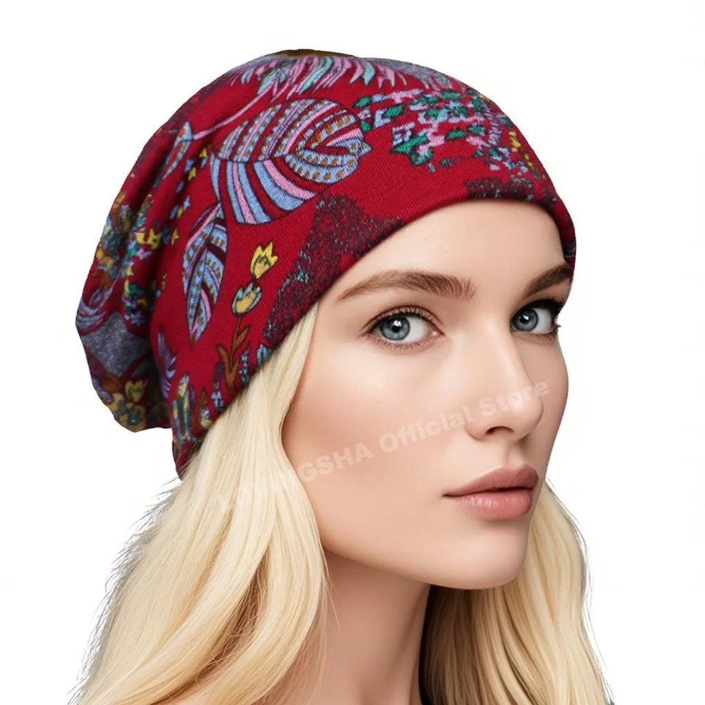Autumn Winter Floral Design Dual-use Women Hats Chemo Cap Loss Alopecia Feminino Skullies Beanies Ladies Thin Girl Scarf M9802