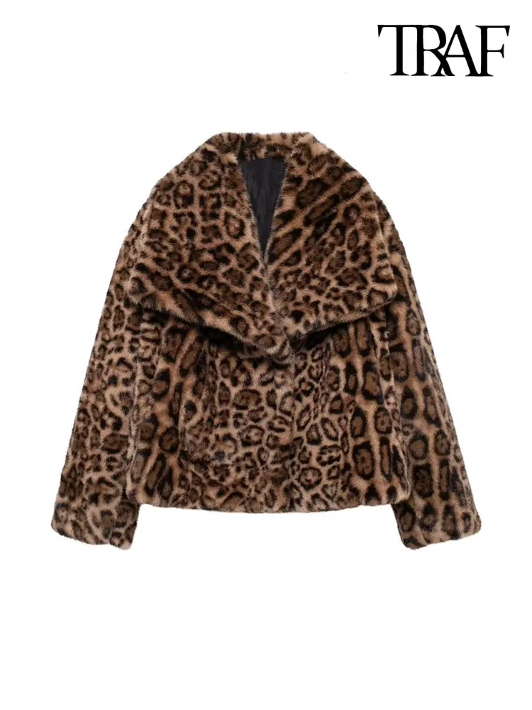 TRAF-Women\'s Thick Warm Leopard Faux Fur Jacket, Lapel Collar Coat, Long Sleeve Female Outerwear, Chic Tops, Fashion