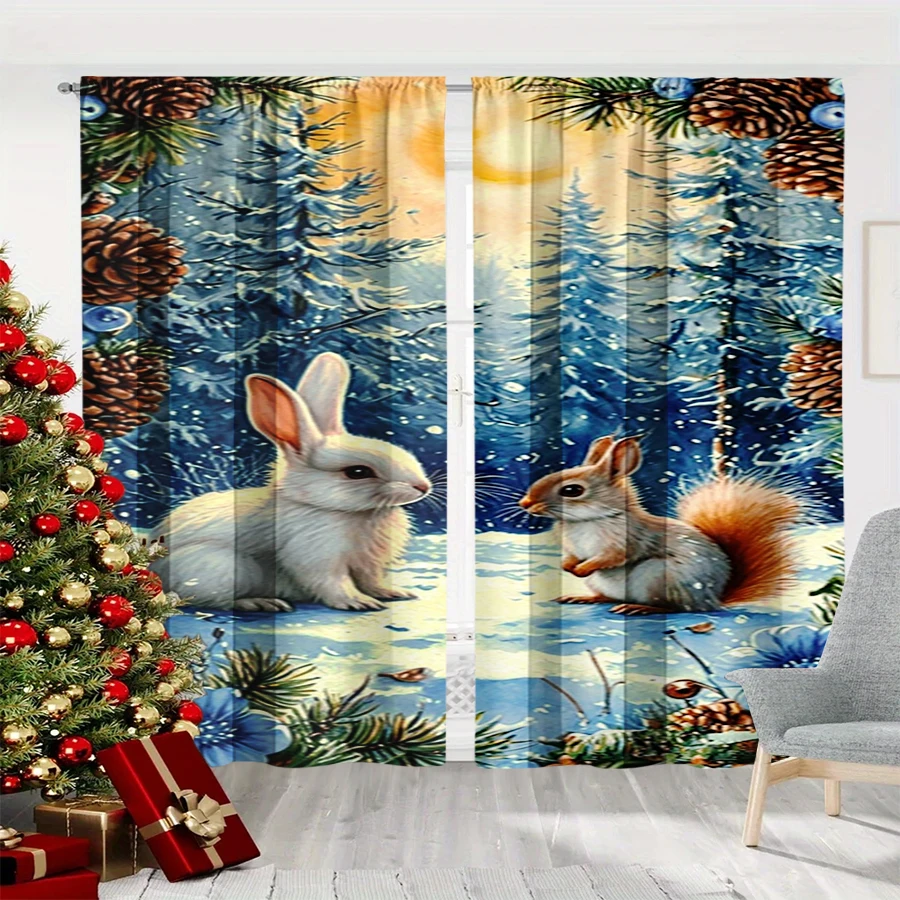 2PCS Christmas Winter Curtains, Watercolor Rabbit Squirrel Snow Forest Pinecone, Digital Print, Bedroom Living Room, Home Decor