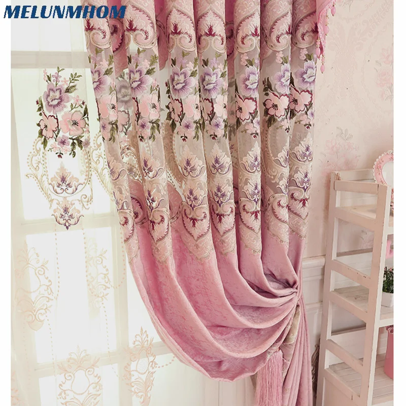 Melunmhom Korean Romantic Pink Velvet Embroidery Tulle Valance Curtians for Bedroom Window Sheer Curtain Living Room Kitchen Fab