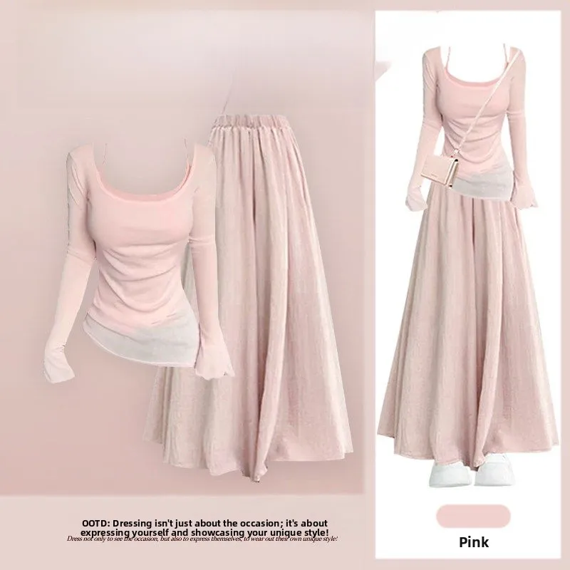 

Ele Spring Set Women's Pink Pure Desire Slim Fit Long Sve Top with High Waist Wide Leg Pants Two Piece Set