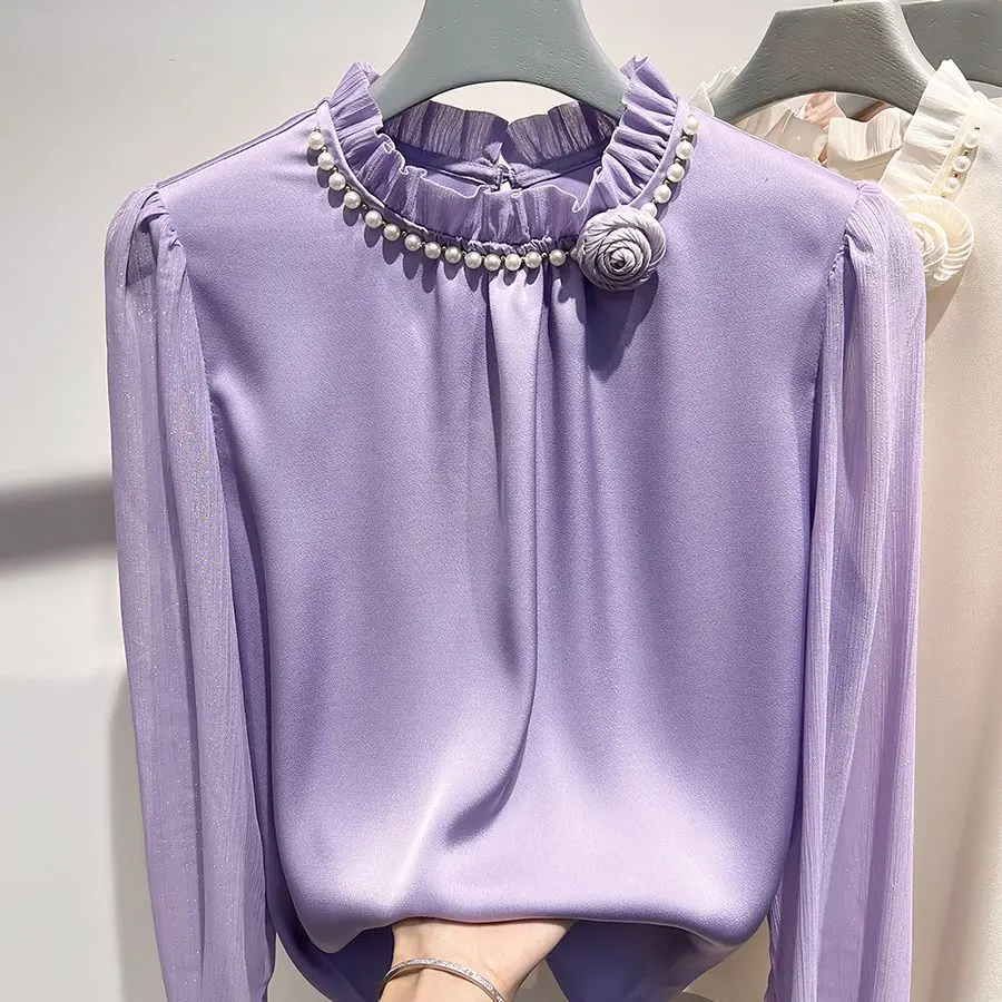 

2026 new French stand-up pleated beads three-dimensional flower pullover long-sleeved chiffon shirt women's spring and autumn