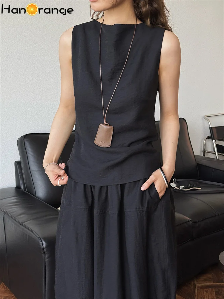 

HanOrange 2025 Summer Temperament Strap Swing Collar Open Back Linen Tank Top Slimming Women Top Black/Linen Color