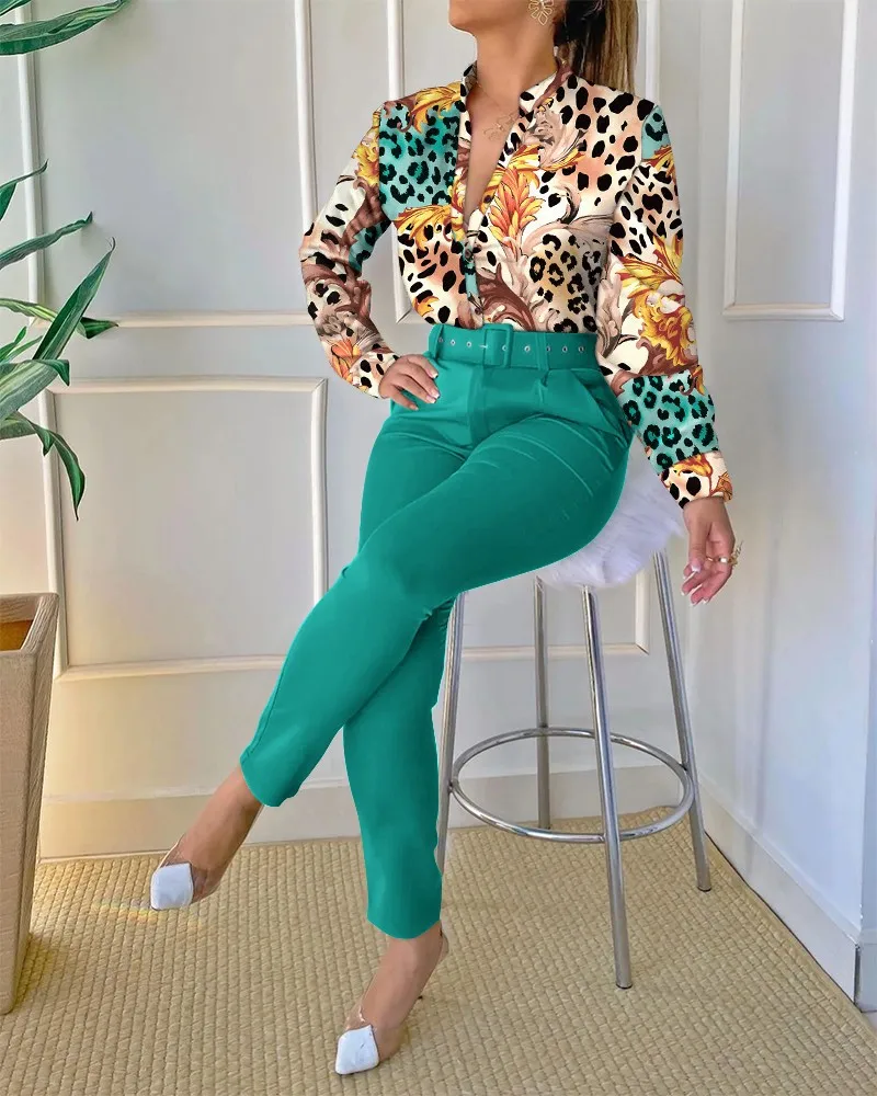 Fashion Baroque Print Two Piece Set Women Outfits Elegant Office Lady Single Breasted Long Sleeve Shirt Belt Pant Matching Sets