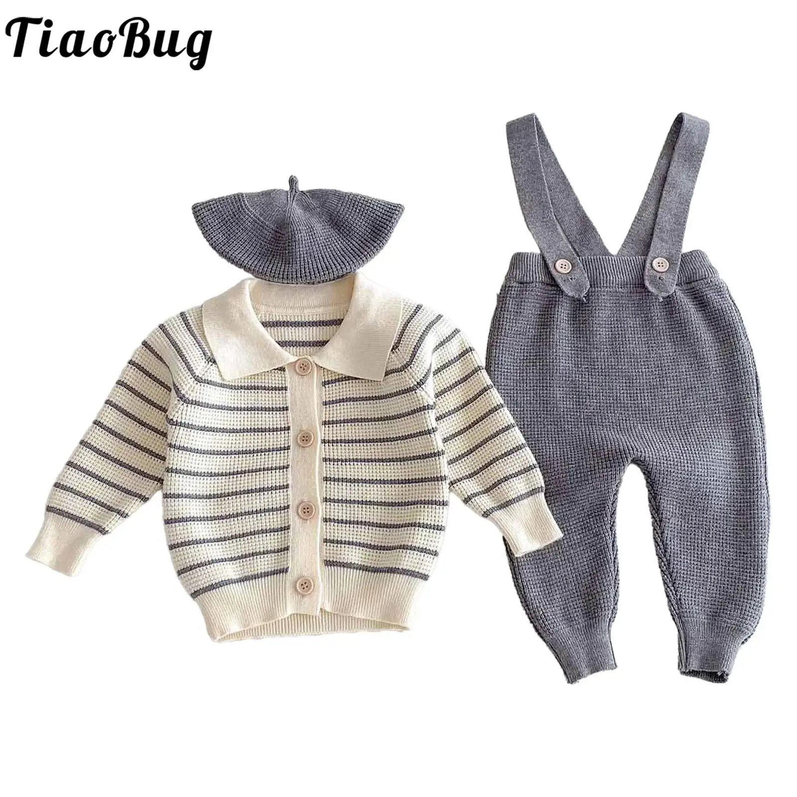 Infant Baby Boys Clothes Long Sleeve Lapel Striped Button Tops with Suspender Trousers Hat Birthday Party Spring Fall Outfits