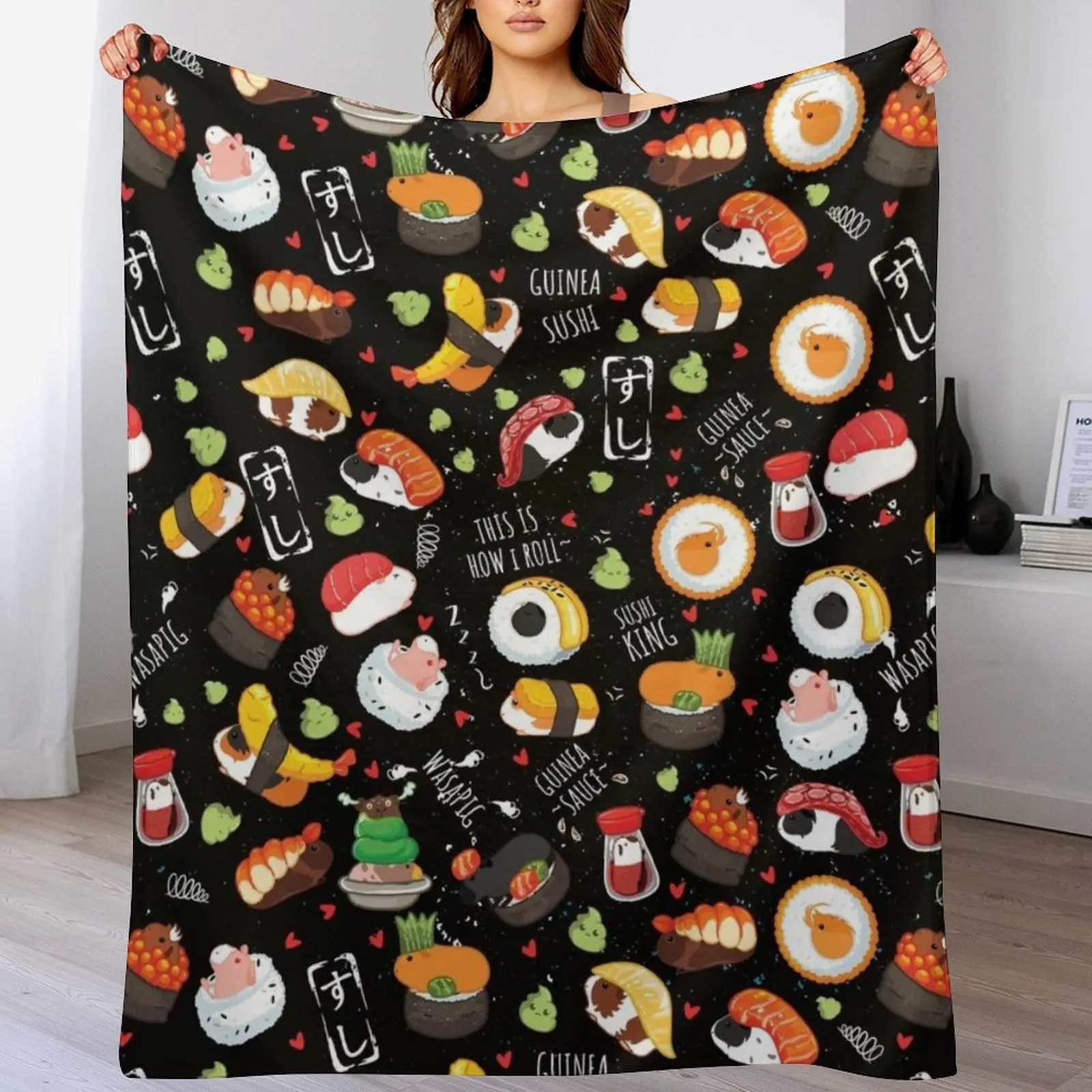 

Japanese Guinea Pig Sushi - Black Background Throw Blanket warm winter Decorative Beds blankets and throws Luxury St Blankets