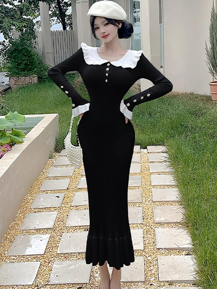 2025 rot Gestrickte Patchwork Weiße Puppe Kragen Langes Kleid Frauen Elegante Rüschen Prom Kleider Herbst Winter Koreanische Bodycon Pullover