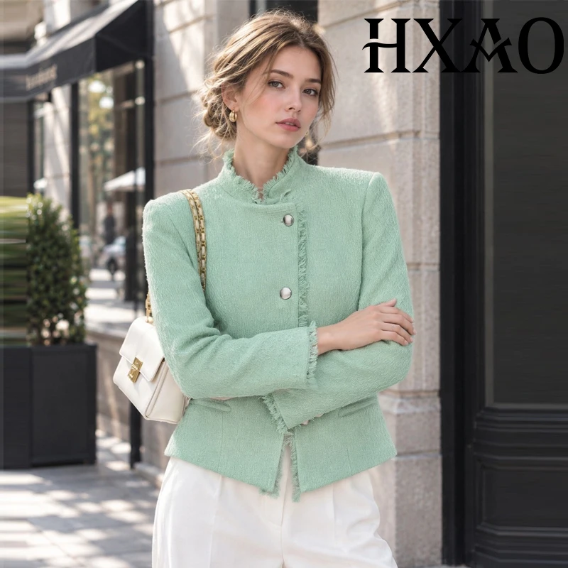 HXAO Textured Tweed Jacket Fitted Green Women's Blazer Autumn Frayed Office Cropped Blazer Button Long Sleeve Tops Outerwear