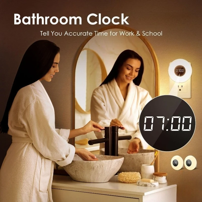 2026 New Bathroom Clock 3 Light ColorsBathroom Shower Timer Lumen Shower Lights Small Clock Plug in Timer, Dimmable Night Light