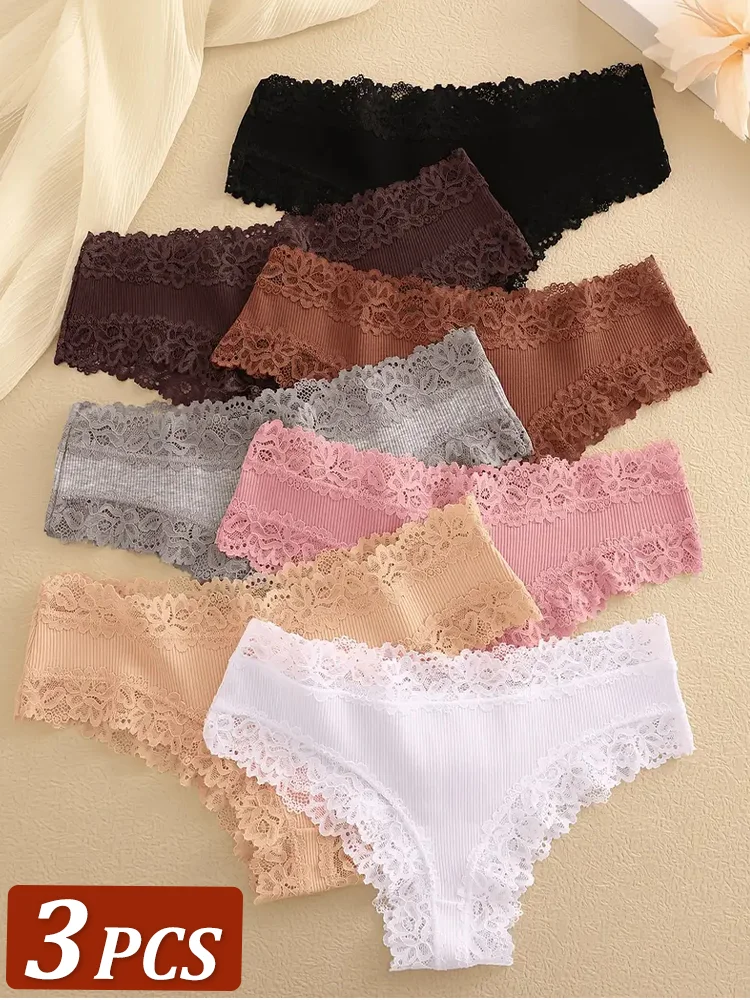 3 pezzi mutandine di cotone da donna sexy pizzo intimo