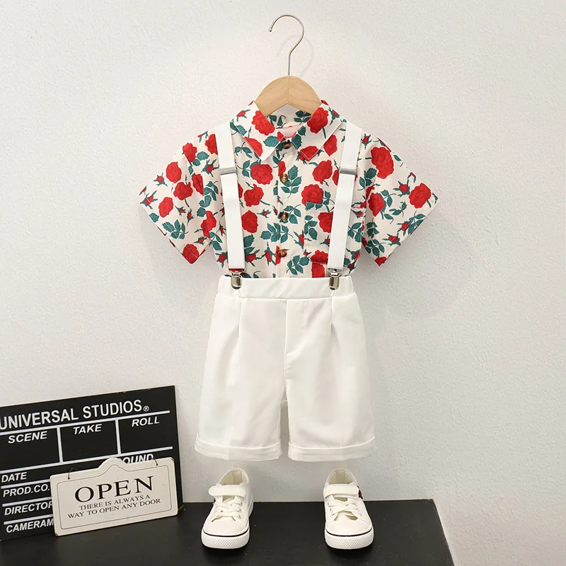 

Children Shirt Summer Short Sleeve Boys Floral Tops Port Style Casual Shirt Shorts Seaside Holiday Style Suit Tide Kid Clothes
