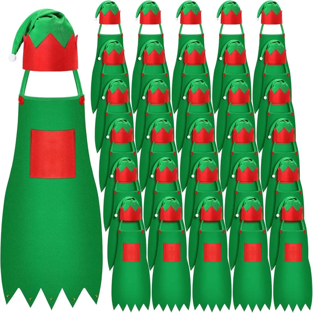 60 Pieces Christmas Elf Apron Santa Hats Cosplay Costume Christmas Apron and Hat Kits for Adults