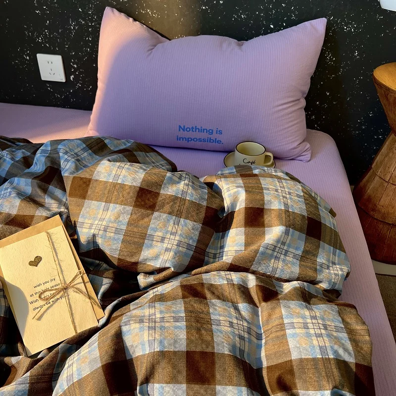 High Quality Beauty Bedding Set Plaid Duvet Cover Bed Sheet Set With Pillowcases Adult Dormitory Queen Size Winter Home Decor