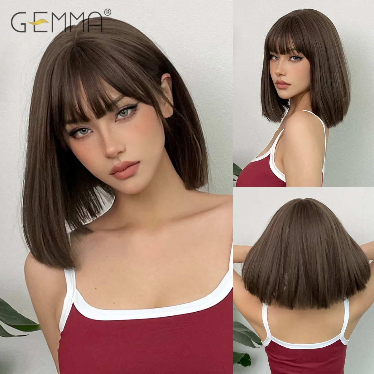 

GEMMA Dark Brown Bob Synthetic Natural Hair Wig with Fluffy Bangs for Women Short Straight Wigs Heat Resistant Daily Cosplay Wig