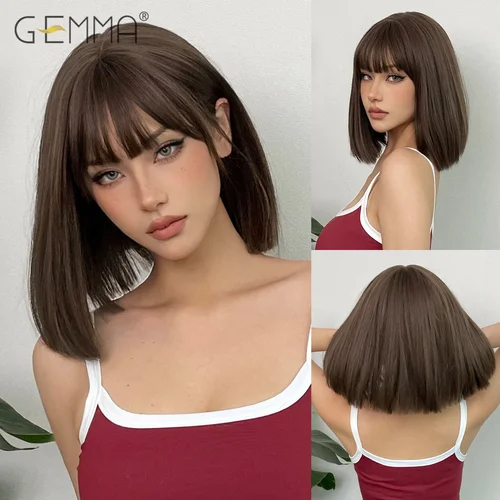 GEMMA-Peluca de pelo Natural sintético para mujer, pelo liso y corto con flequillo esponjoso, color marrón oscuro, resistente al calor, para Cosplay diario