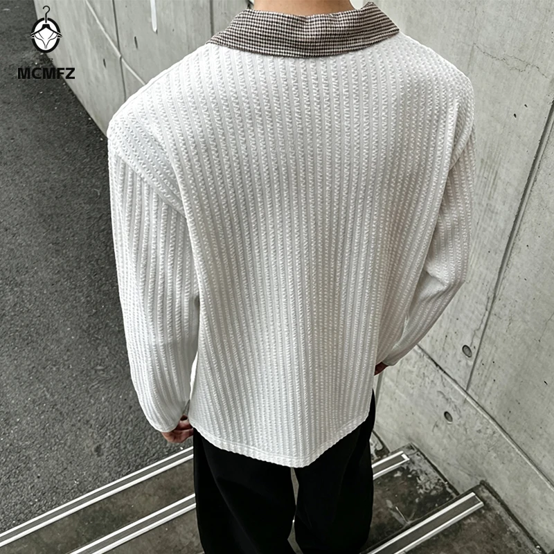 Male Spliced Check Collar V Neck Polo Shirt Ribbed Texture Knit Long Sleeve Loose Cut Street Casual Top