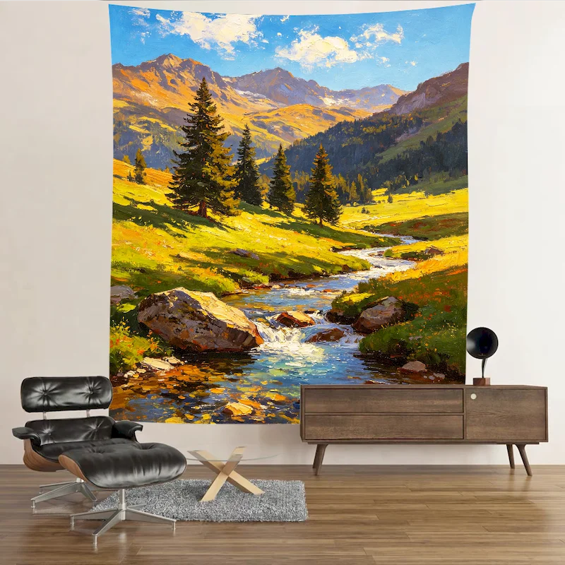 VIKAMA Mountain Creek Pine Tree Oil Painting Tapestry Canyon Scenery Bedroom Background Cloth Home Wall Decoration Wall Hanging