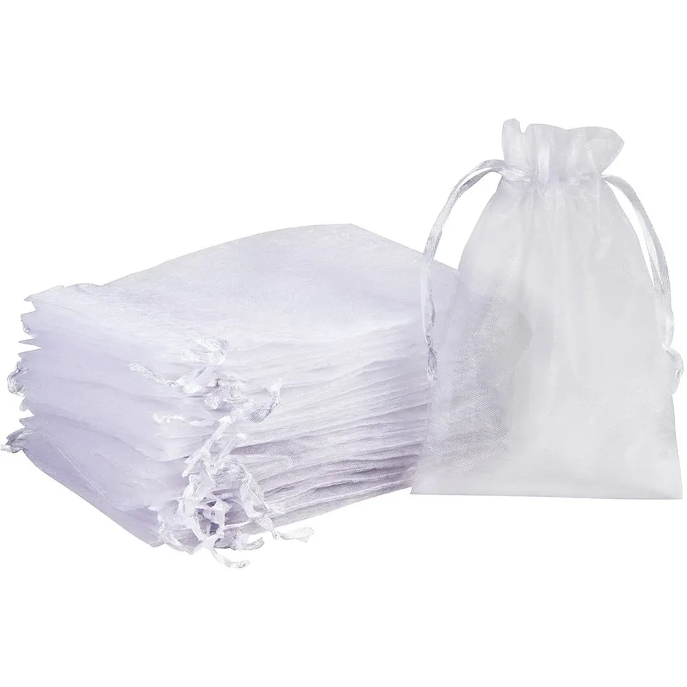 100pcs/lot Organza Gift Bag For Jewelry White Drawstring Pouches For Wedding Christmas Candy Gift Bags Jewelry Packing