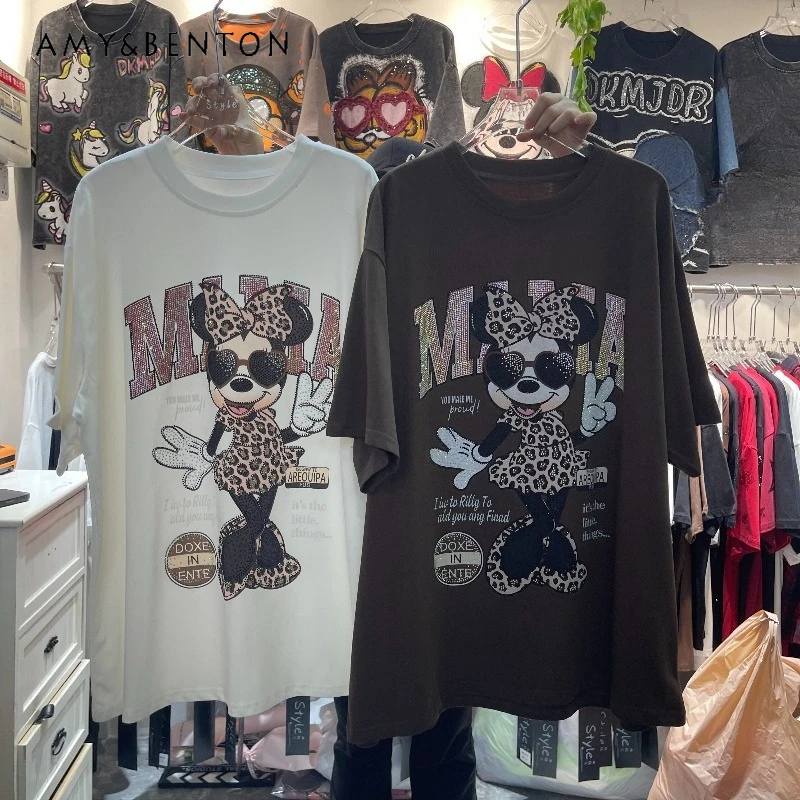 

2026 New Heavy Craft Rhinestone Cartoon Youthful Tshirts Pullover Mid-Length Loose Short-Sleeves T-shirt Top Y2k Clothes Female