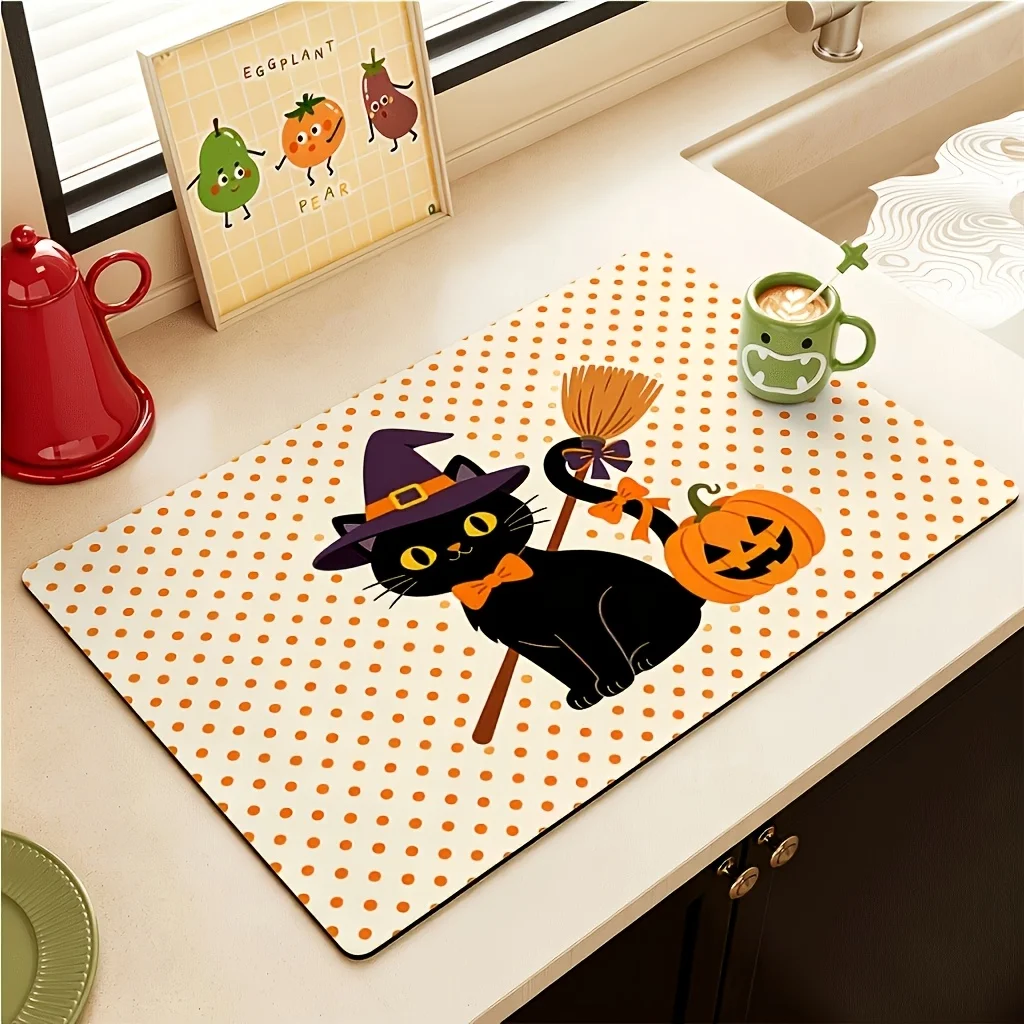 Absorbent Drying Mat, Cartoon Cat Window Floral Halloween Print, Waterproof Non Slip Kitchen Counter Coffee Drain Decor Placemat