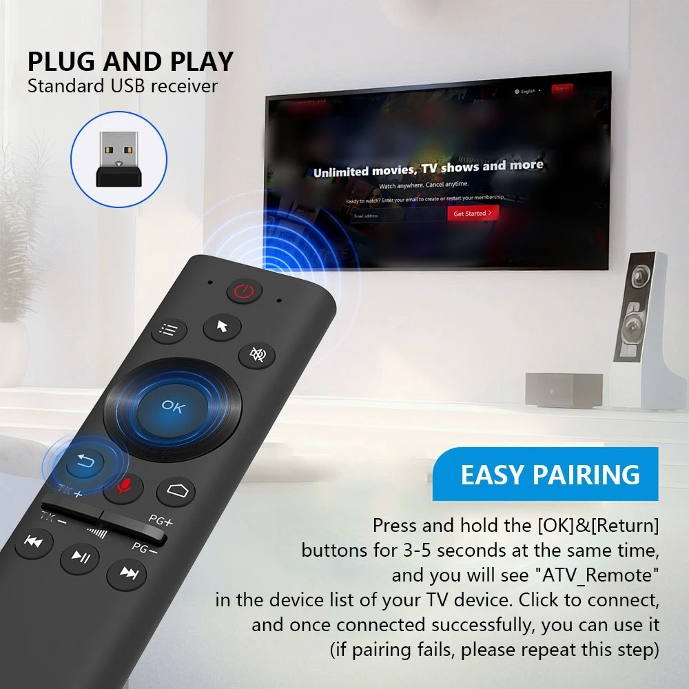 2.4G BT 5.0 télécommande vocale sans fil Air Mouse contrôleur Gyroscope 6 axes avec récepteur USB pour ordinateur TV Android Box
