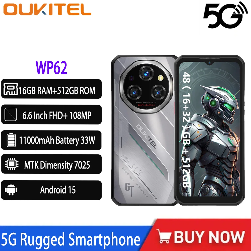 Oukitel WP62 5G هاتف ذكي متين 48 جيجابايت (16 + 32) + 512 جيجابايت 6.6 بوصة FHD + كاميرا 108 ميجابكسل MTK الأبعاد 7025 11000 مللي أمبير 33 وات أندرويد 15 هاتف محمول #1