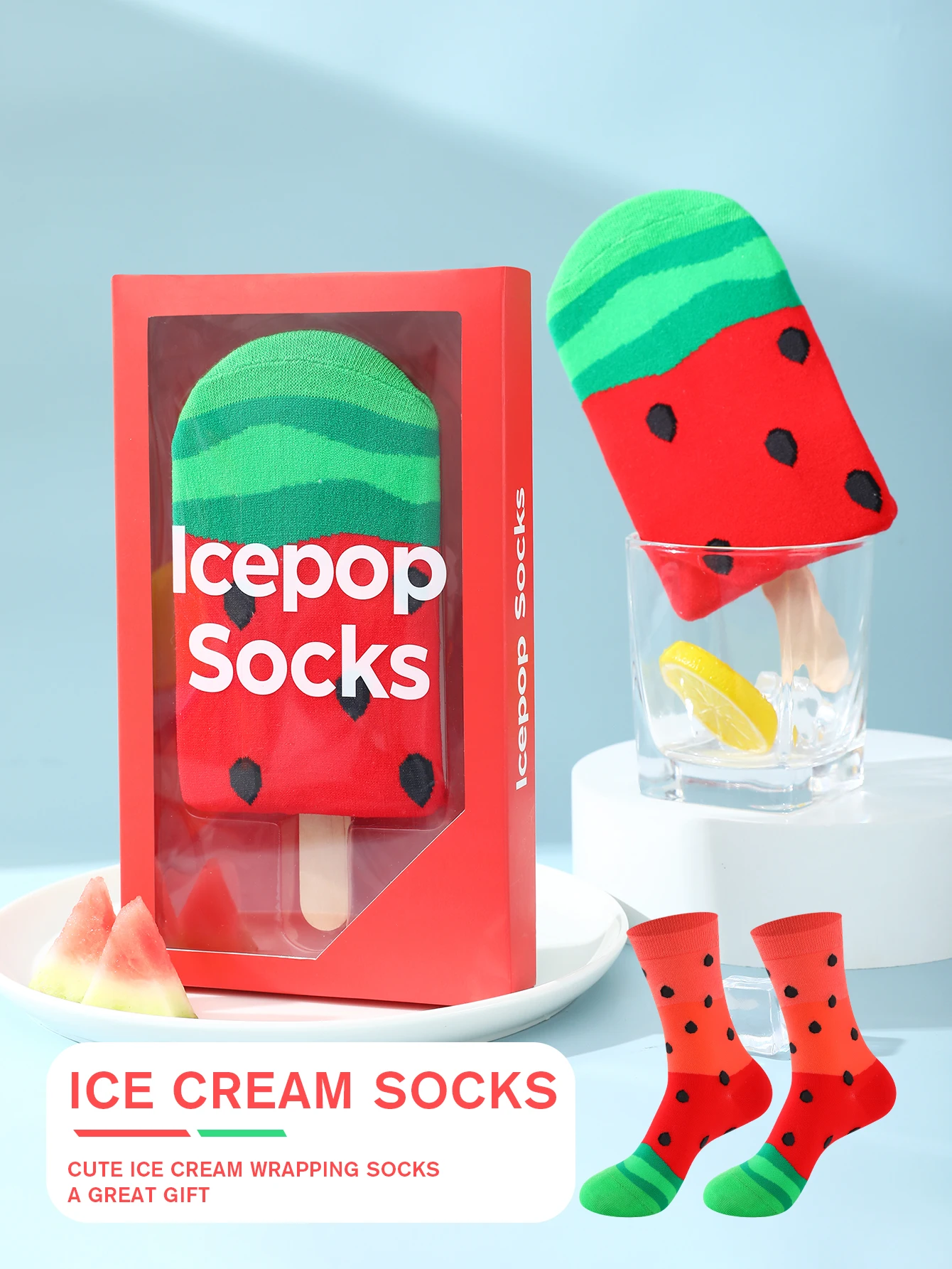 

1 pair of mid-calf unisex socks in a novelty ice cream design, a unique and interesting festive gift.