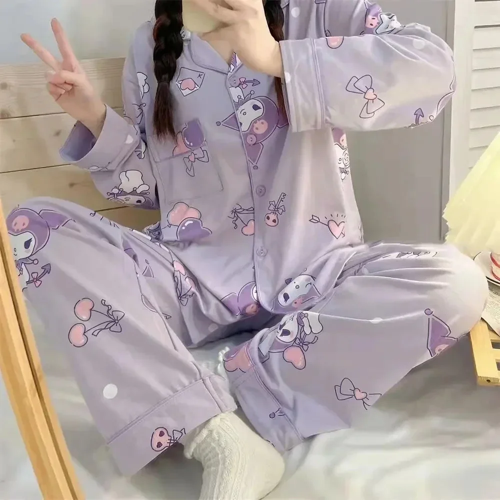 New Sanrio Hello Kitty Pajama Set Cinnamoroll My Melody Kuromi Ladies Pyjamas Sweet Casual Homewear Spring Autumn Girl Clothing