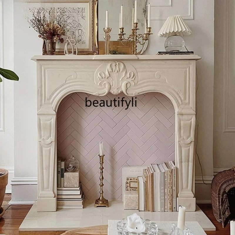 

Fireplace French simple living room decorative cabinet natural marble beige stone carving fireplace