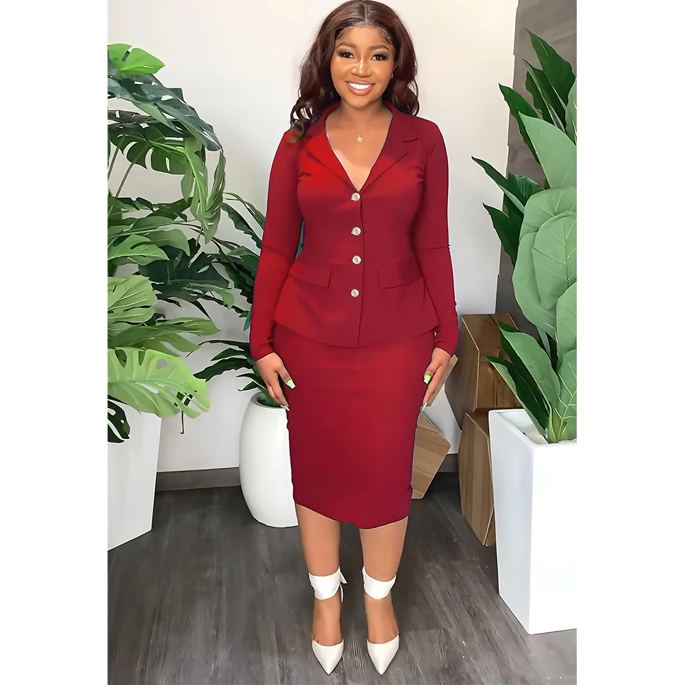 Women Blazer 2 Piece Skirt Sets Fashion Long Sleeve Single-breasted Tops Midi Skirt Suits Dashiki Ladies Office African Clothing