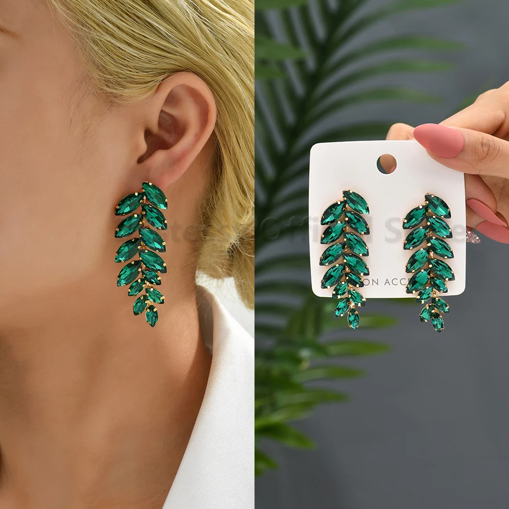 Vintage Long Drop Dangle Earrings For Women Maple Leaf Shaped Full Glass Crystal Trend Luxury Jewelry Bridal Wedding Accessories