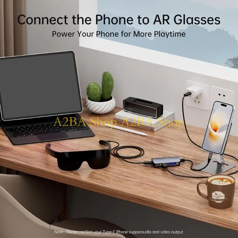 A2BA Type C Display Dock for Portable Viewing, 3 Port USB Station for Glasses Use, Charging Input, File Transfer and Travel