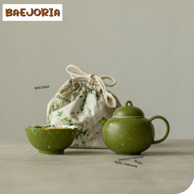 Juego de té Osmanthus pintado a mano en verde cítrico, juego completo, elegante juego para ceremonia del té, juego de tetera y taza, servicios de té, adornos