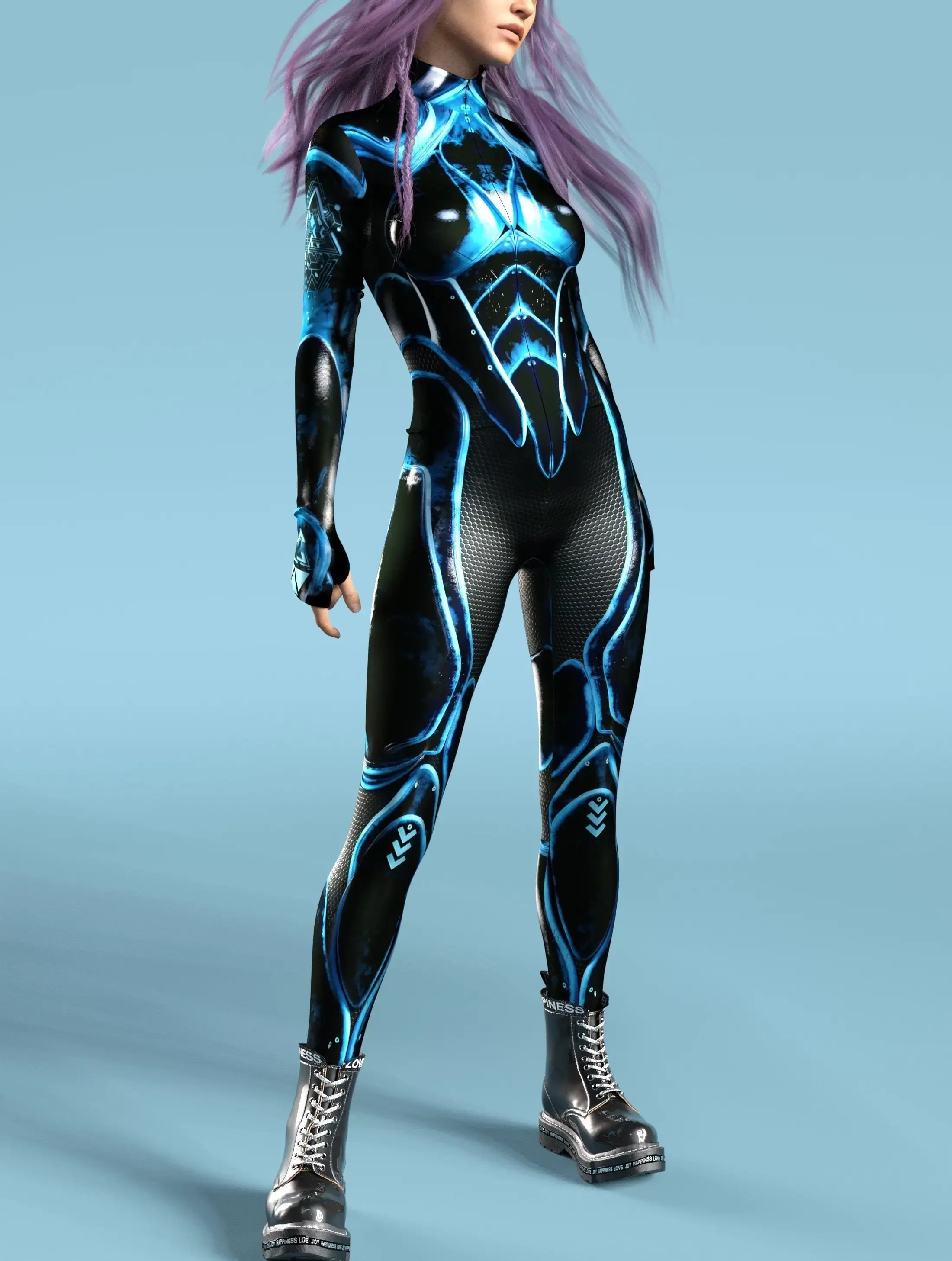 

Zawaland Women Blue Robot Bodysuit Fancy Cosplay Costume Adult 3D Printing Jumpsuit Long Sleeve Jumpsuit Festival Punk Catsuit