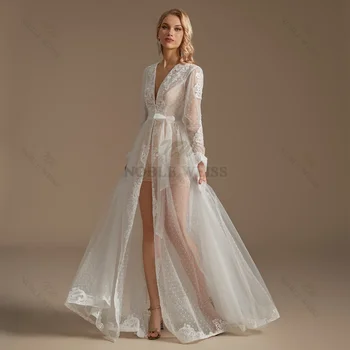 จุด Tulle เจ้าสาวเสื้อแขนยาวงานแต่งงานเสื้อกวาดรถไฟงานแต่งงาน Capes Wraps Bolero แจ็คเก็ตลูกไม้ Robe Tulle ยักไหล่