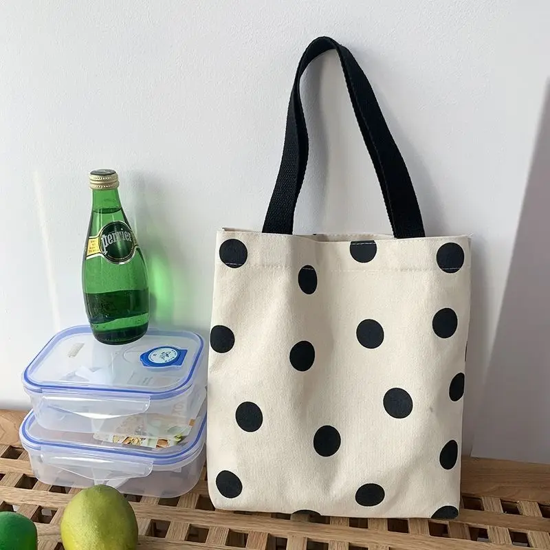 Fashion Harajuku Solid Color Canvas Small Shopper Bag Women'S Bag Black Large Capacity Polka Dots Shoulder Bag