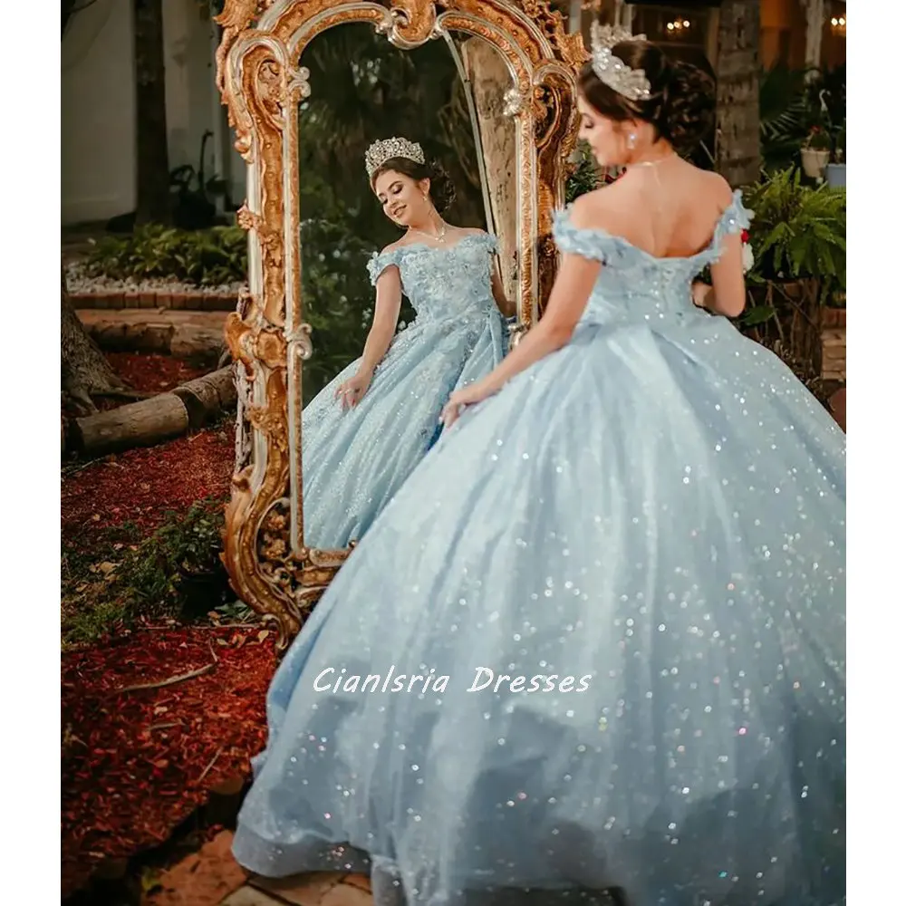 Vestido de quinceañera de cristal con flores 3D, azul claro, vestido de baile con capa, apliques de hombro, corsé, 15 Vestidos XV Años