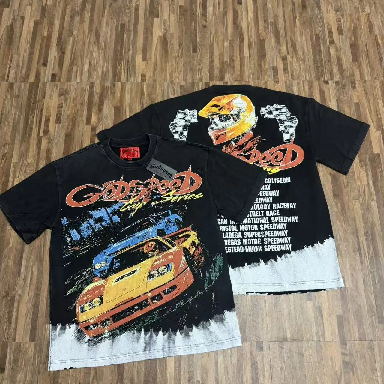 Godspeed Racing Car Print INS Style Trendy Brand Washed Vintage High Street Heavyweight Double Thread Pure Cotton Short Sleev...