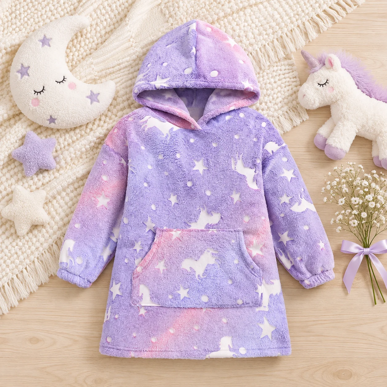 Toddler Girls Gradient Unicorn Star Hooded Sleep Robe Plush Fleece Nightgown Warm Cozy Kids Housecoat with Kangaroo Pocket