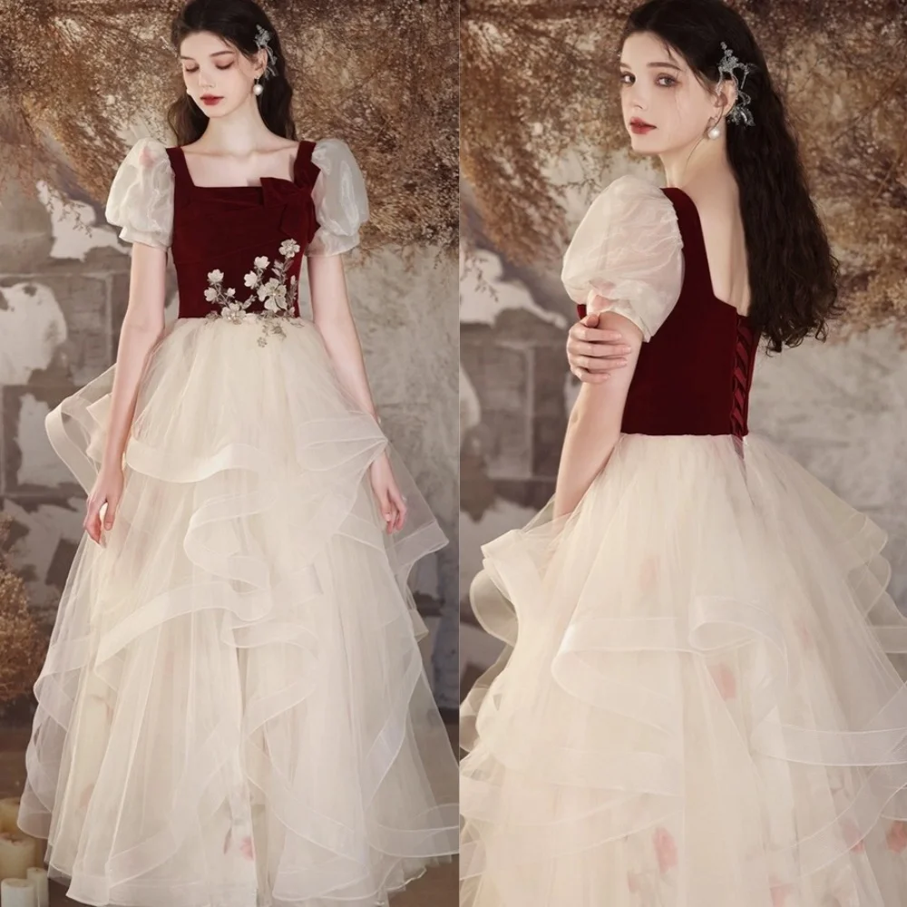 

Customized Organza Applique Bow Tiered Evening A-line Square Neck Bespoke Occasion Gown Long Dresses