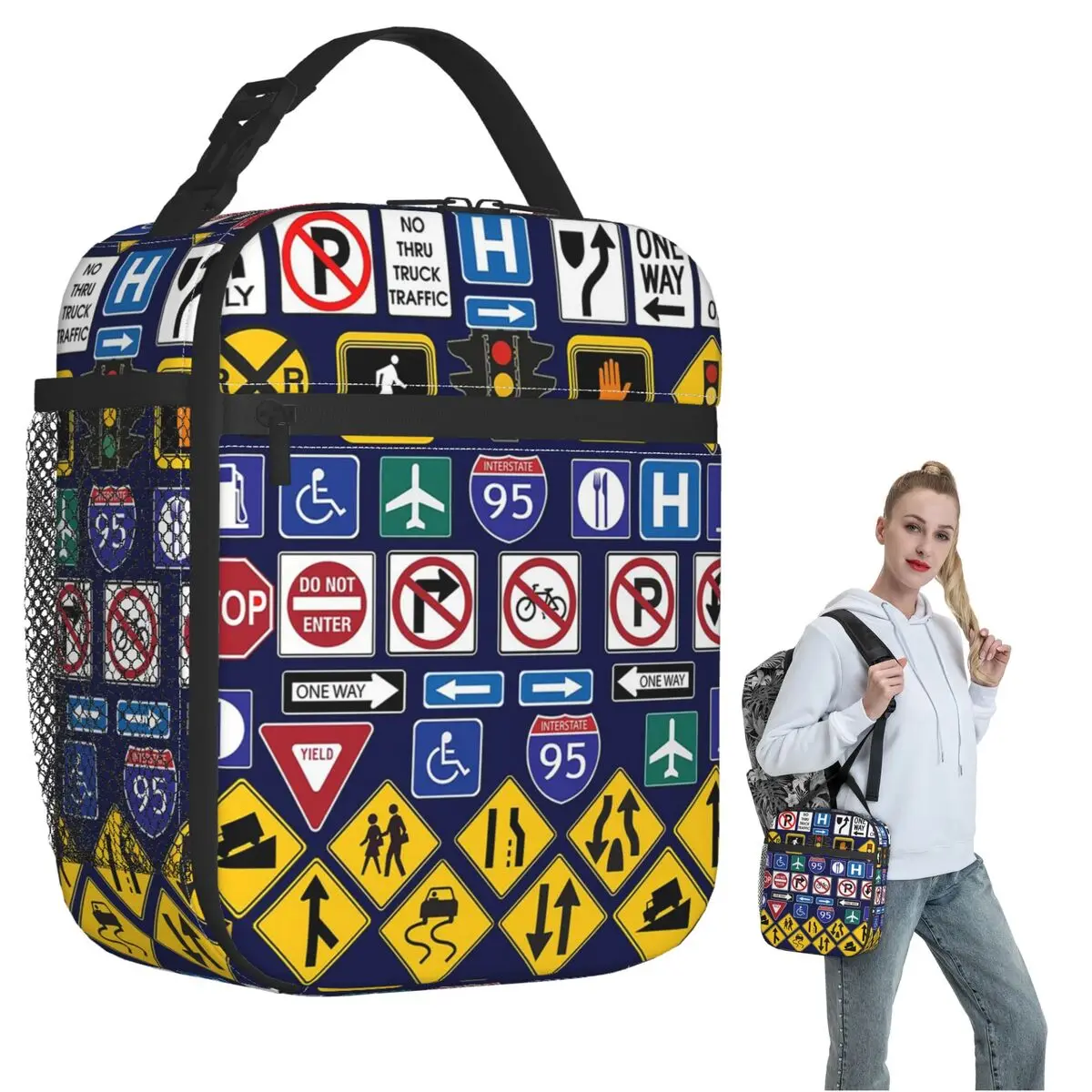 Road Signs, Regulations Signs Insulated Lunch Bag for Women Children Portable Food Boxes Thermal Lunch Box Tote