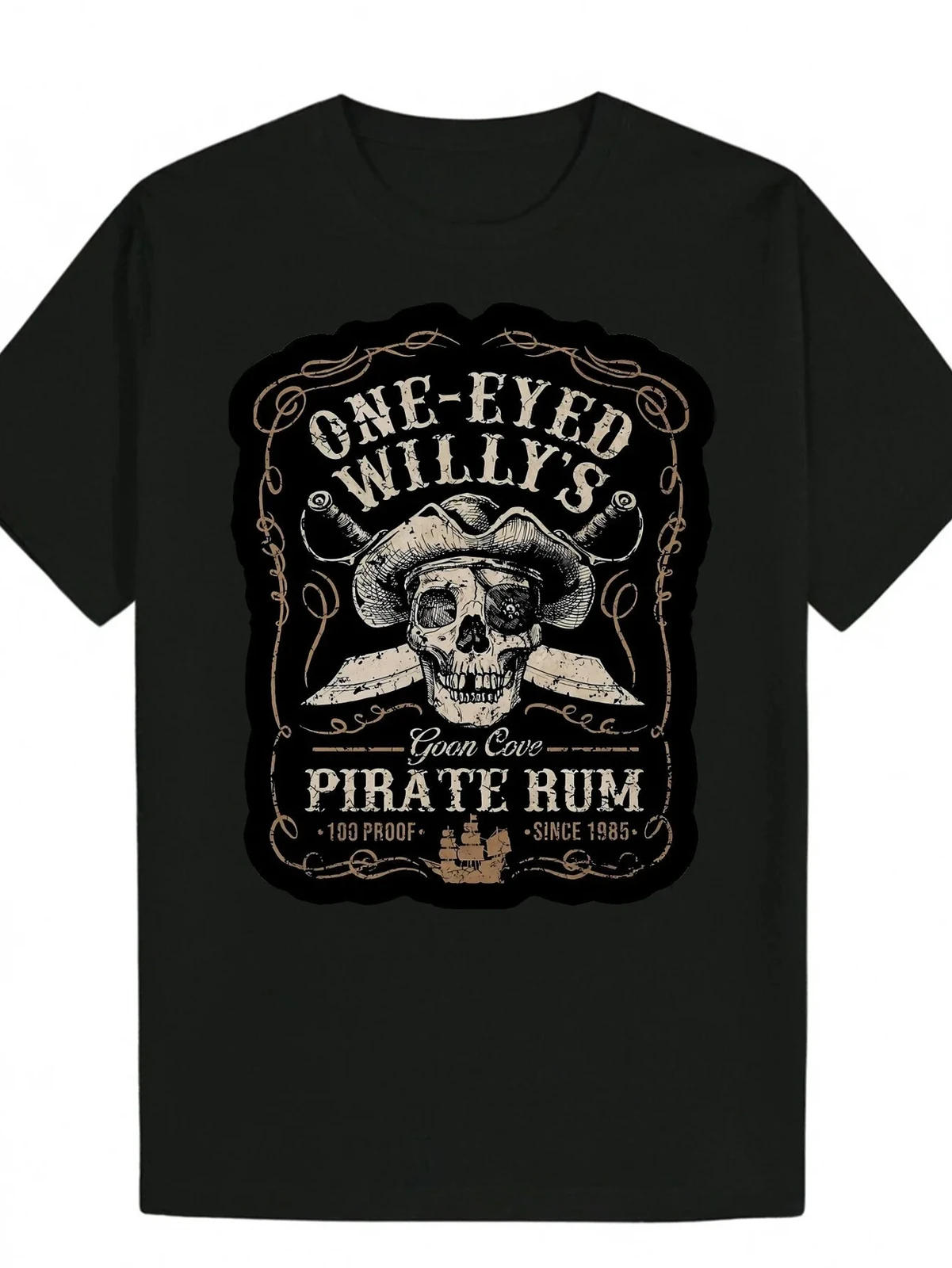 

Black Vintage-Inspired Men's Graphic T-Shirt | "One-Eyed Willy's Pirate Rum