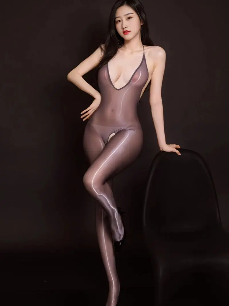 

Halter Deep V-neck Backless Nylon Catsuit Glossy Shiny Bodystocking Open Crotch Bodysuit Tights Sexy Leotard Conjoined Lingerie